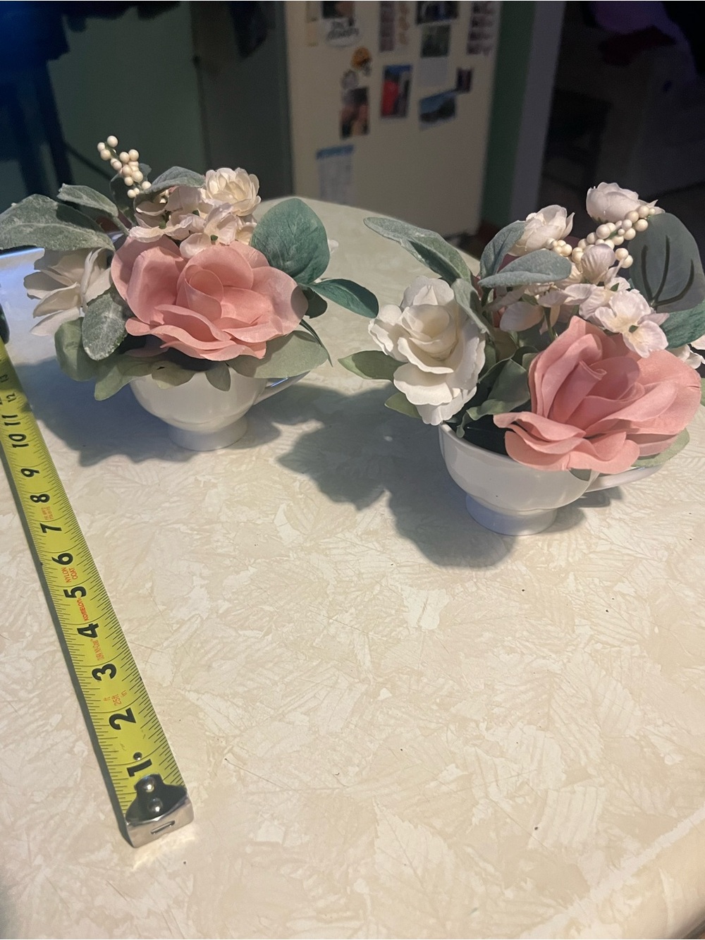 Artificial Pink and White Floral Arrangement Set in White Ceramic Vases